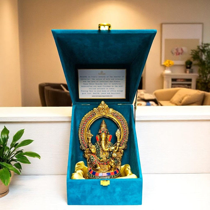 Tamas Brass Ganesh Bhagwan Sitting Posturel and Decorated with Multicolored Stone (Multicolor) Height 9.6 inches | Free Luxury Gift Box