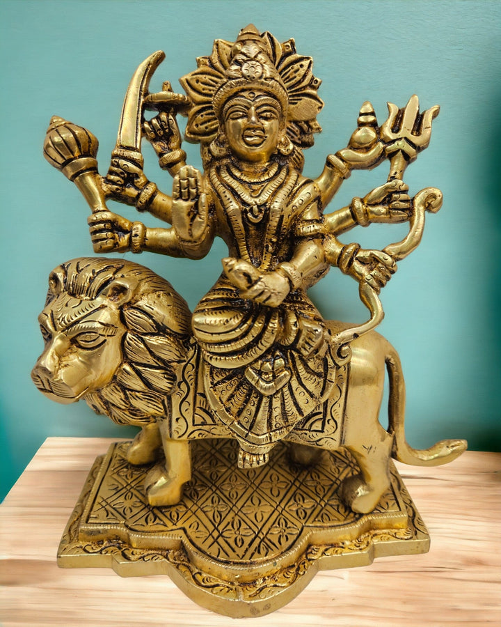 Powerful Brass Durga Mata Idol – 8” Golden Pooja Statue for Home Temple