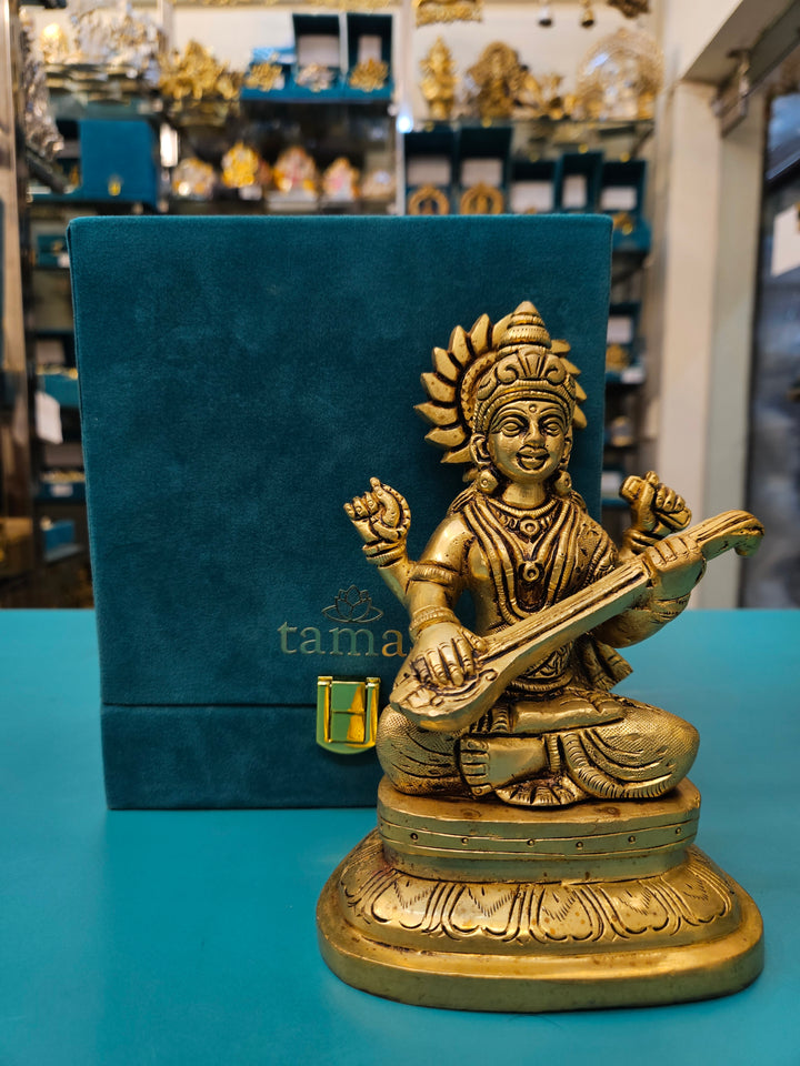 Brass Saraswati Idol for Pooja Room | Handcrafted Murti Gift