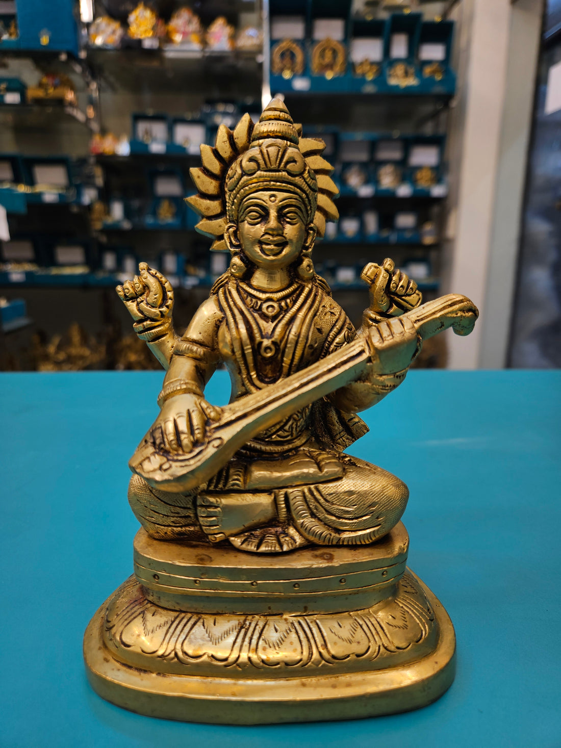 Brass Saraswati Idol for Pooja Room | Handcrafted Murti Gift