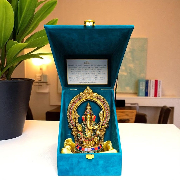 Tamas Brass Ganesh Bhagwan Sitting Posturel and Decorated with Multicolored Stone (Multicolor) Height 9.6 inches | Free Luxury Gift Box