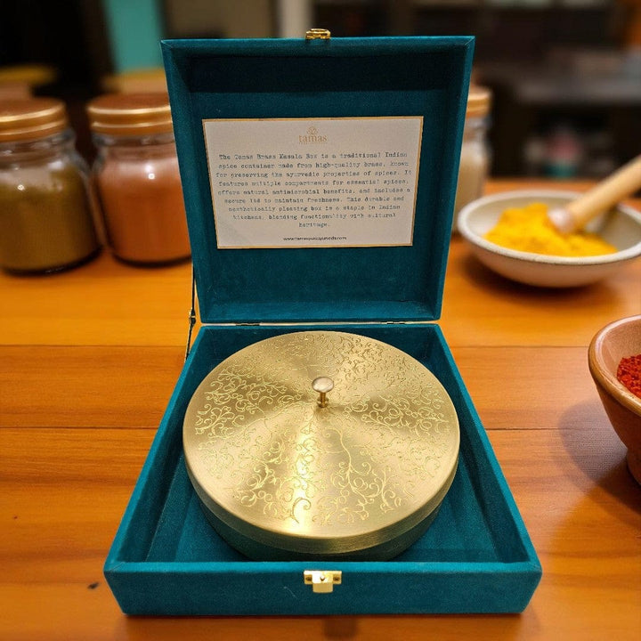 Tamas Pure Brass Masala Box (8 Inch) | Traditional Spice Storage Box with 7 Katoris & 1 Spoon | Indian Masala Dabba for Kitchen