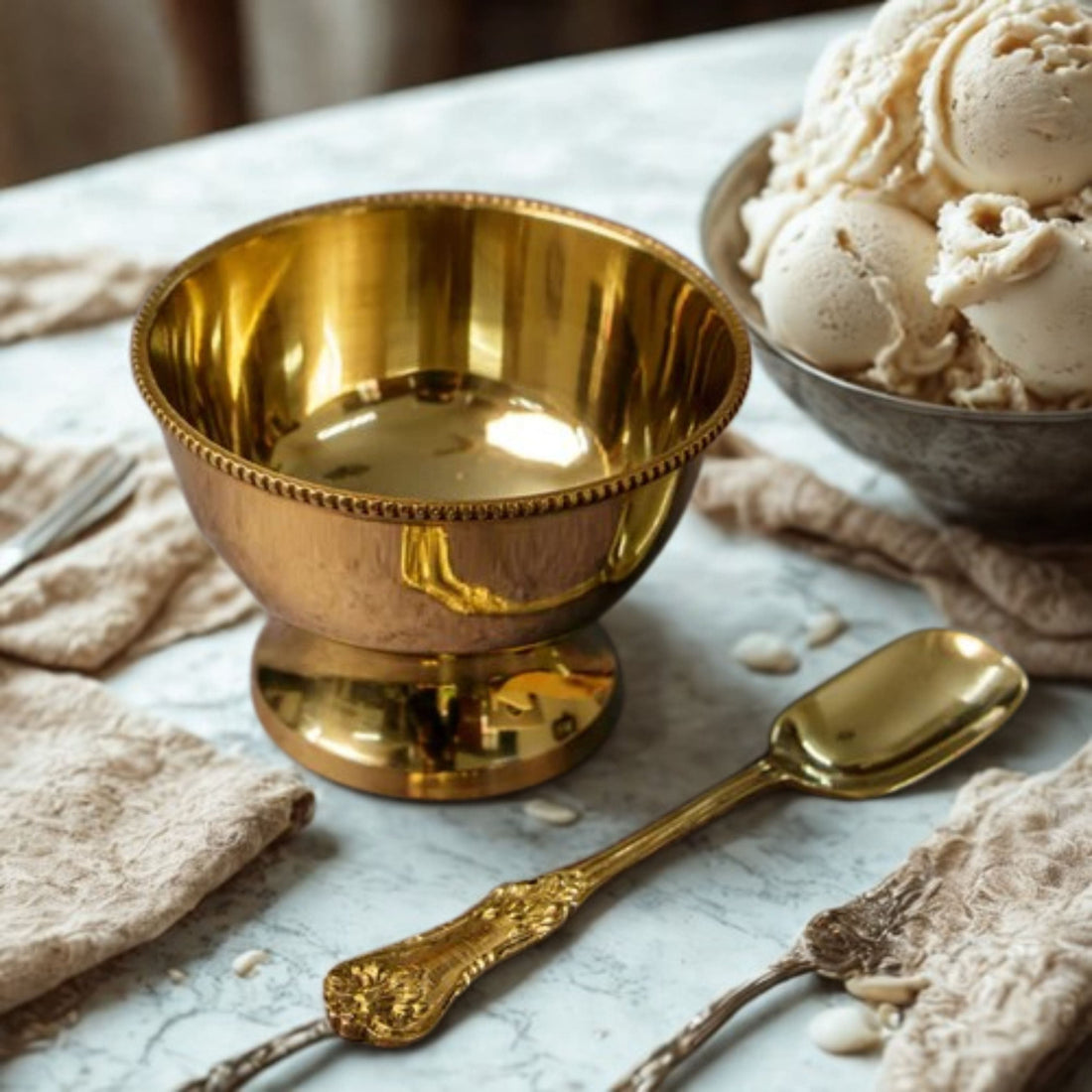 Tamas Brass Ice Cream Bowl Set of 4 Dessert Bowls with Spoons & Gift Box