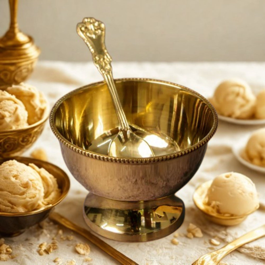 Tamas Brass Ice Cream Bowl Set of 4 Dessert Bowls with Spoons & Gift Box