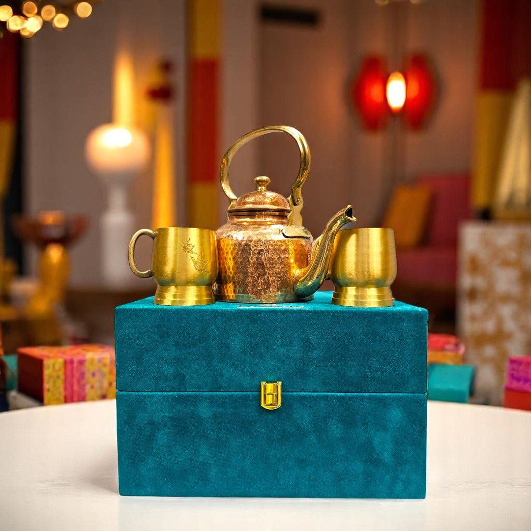 Buy copper kettle and brass cup set with gift box