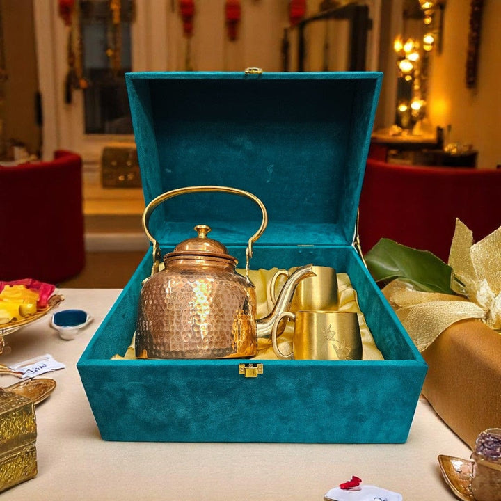 Buy copper kettle and brass cup set with gift box