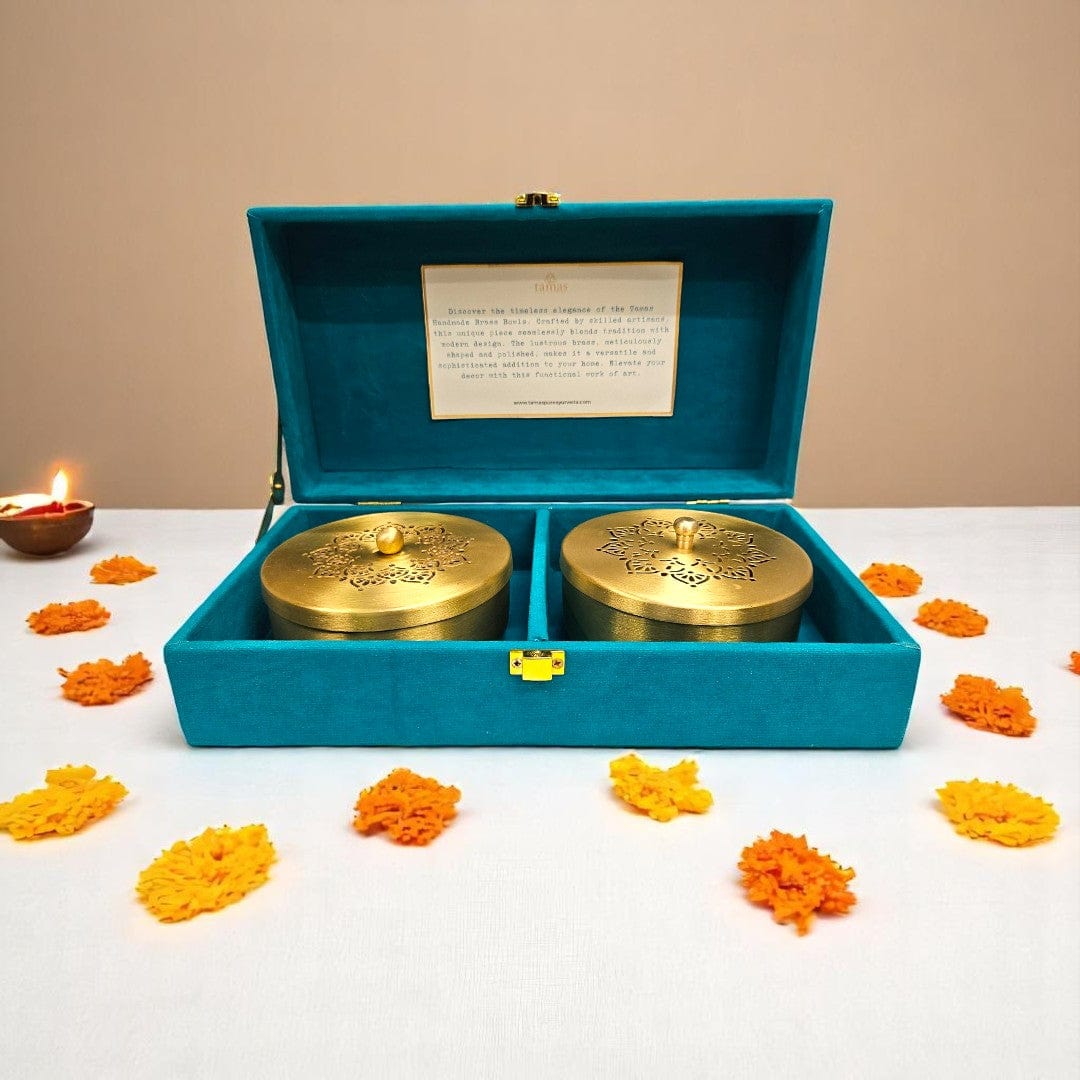 Handcrafted brass serving bowl set with designer lids in a teal velvet box – premium traditional kitchenware by Tamas Ayurveda