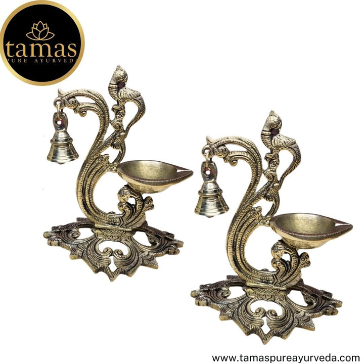 Brass Handcrafted Peacock Diya with Bell