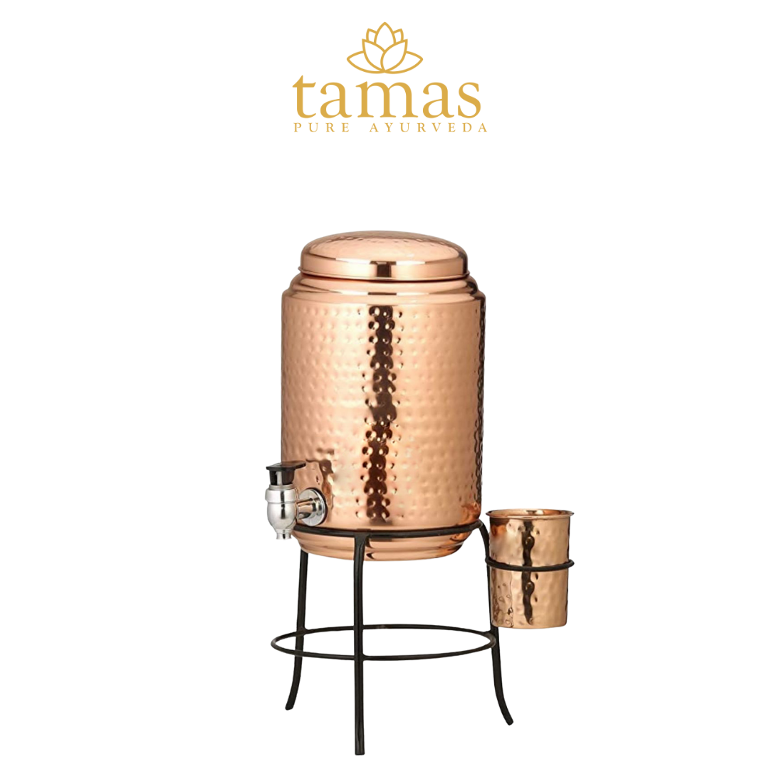 Tamas Hammered Copper Water Dispensr With Glass and Brass Tap | 4.5 Li –  Tamas Pure Ayurveda