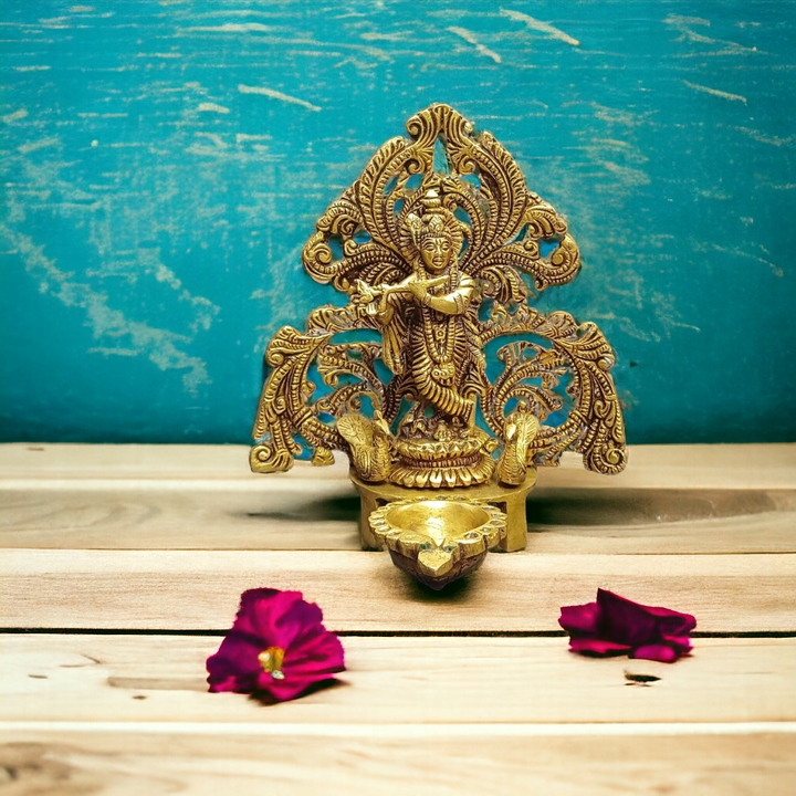 Tamas Brass Krishna Oil Lamp Diya Deepam (Golden) (7 Inches)