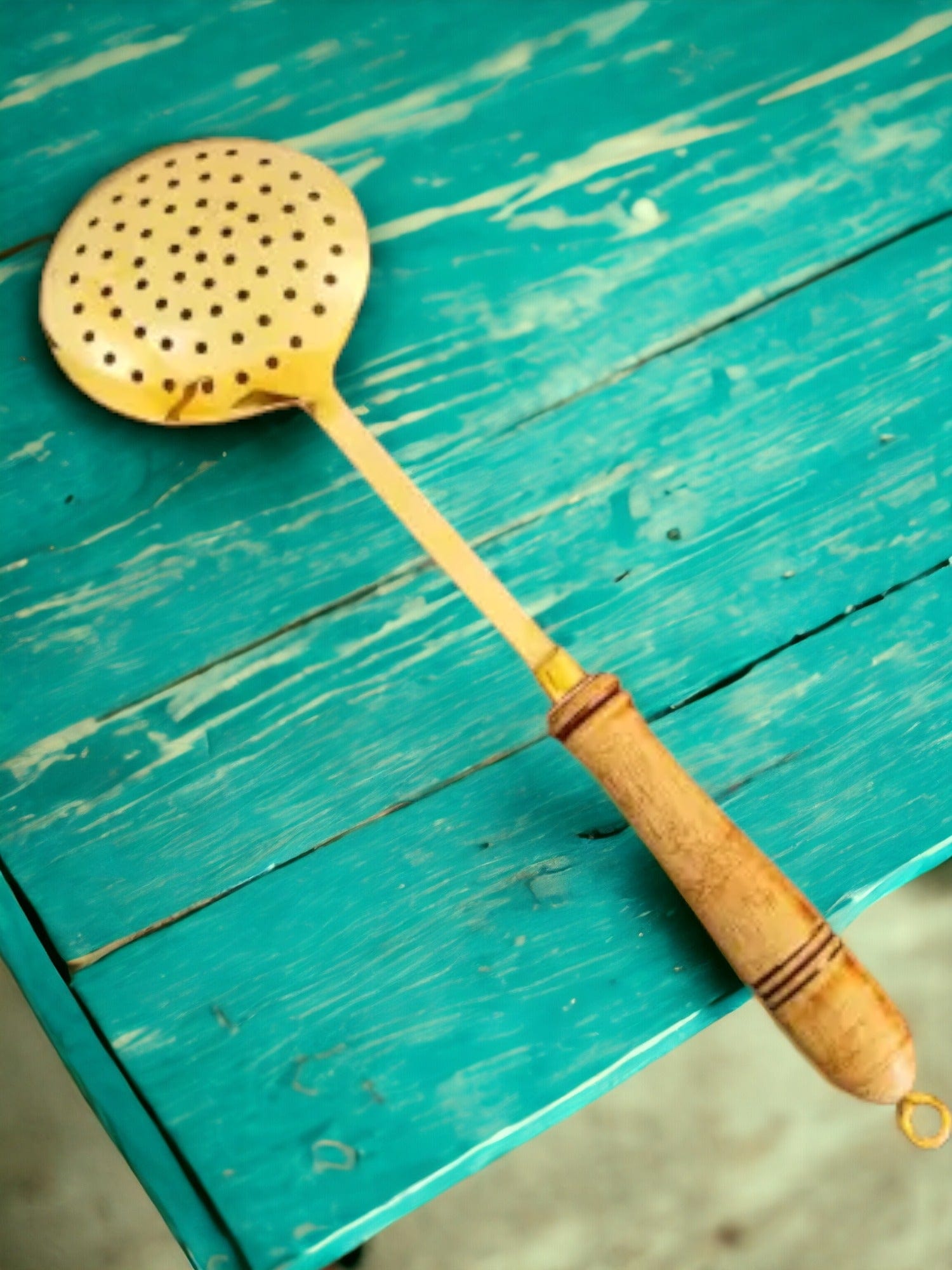 Tamas Brass Gold Jhara / Skimmer / Frying Spoon With Wooden Handle - Tamas: Luxury Indian Gifts