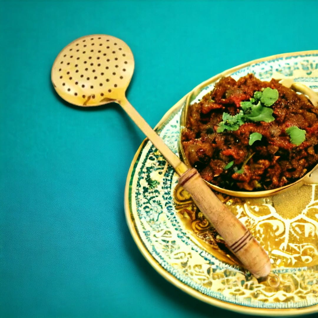 Tamas Brass Gold Jhara / Skimmer / Frying Spoon With Wooden Handle - Tamas: Luxury Indian Gifts
