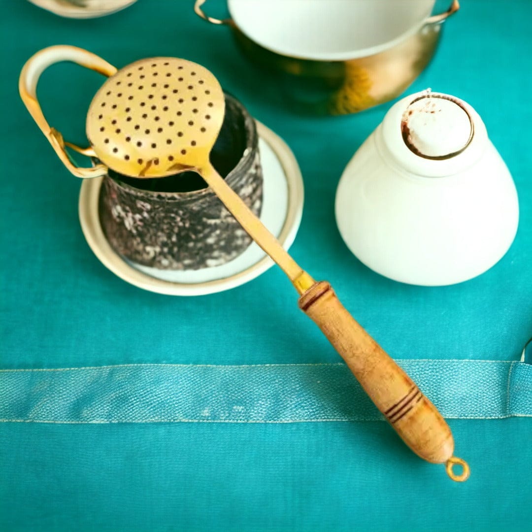 Tamas Brass Gold Jhara / Skimmer / Frying Spoon With Wooden Handle - Tamas: Luxury Indian Gifts