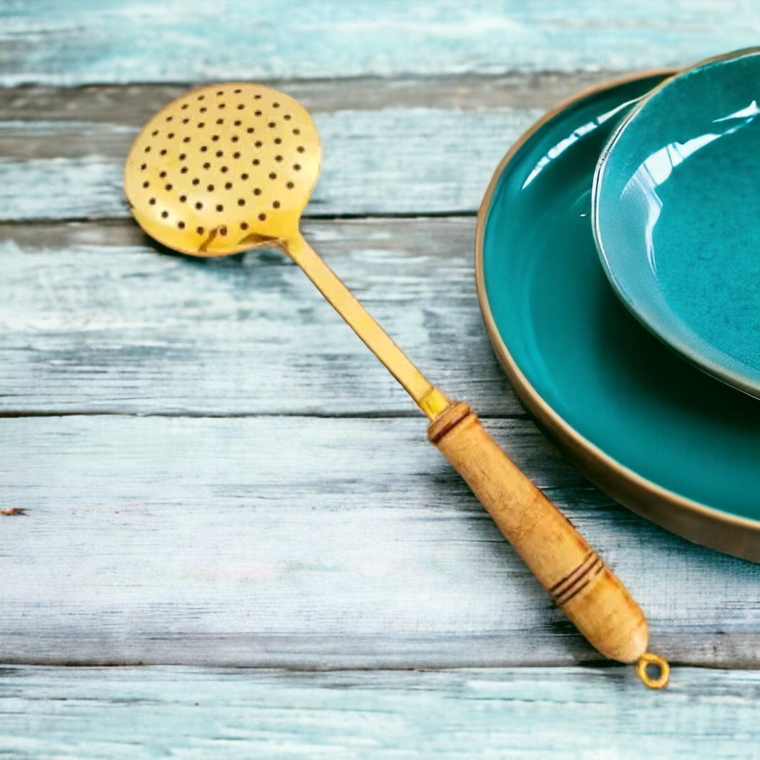 Tamas Brass Gold Jhara / Skimmer / Frying Spoon With Wooden Handle - Tamas: Luxury Indian Gifts