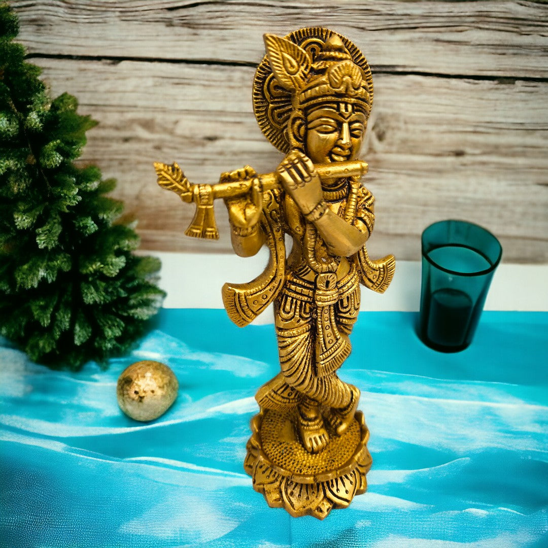 Brass Lord Krishna Idol on Kamal Statue/Idol (7 Inch) (Golden)