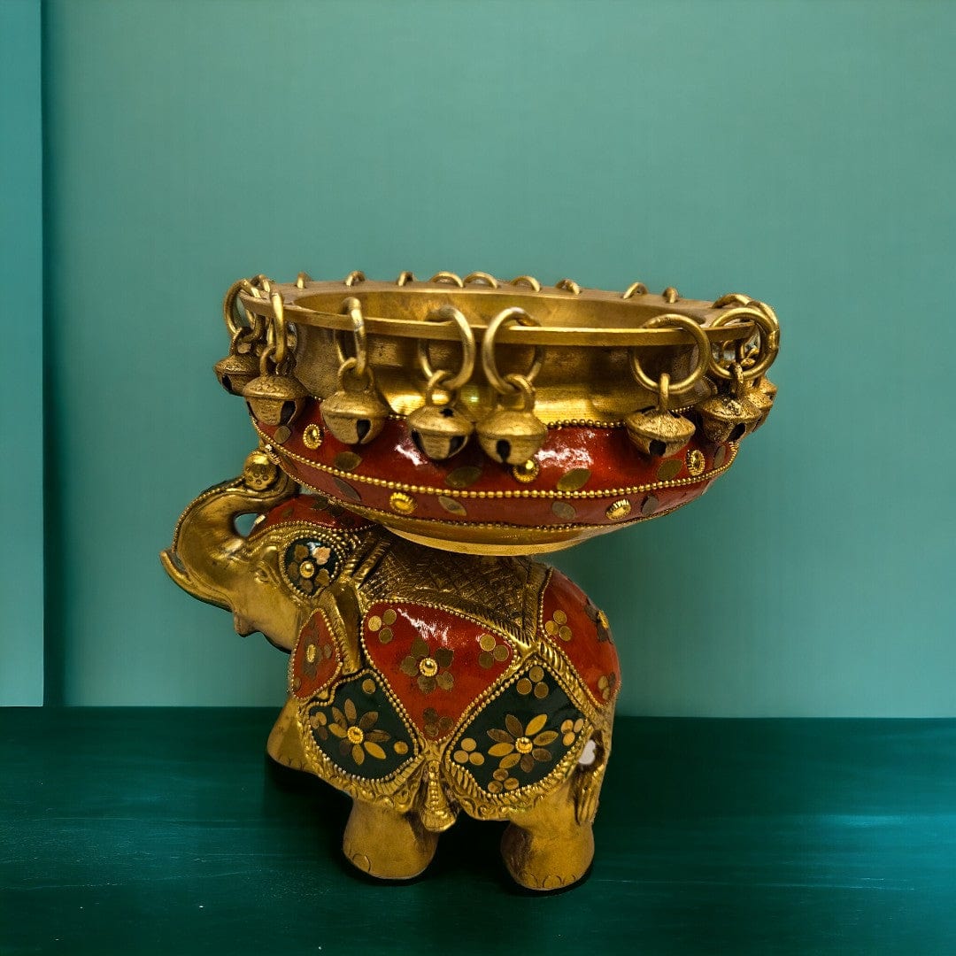 Brass Elephant Urli Stone Work (8 Inch) (Multicolor) - Tamas: Luxury Indian Gifts