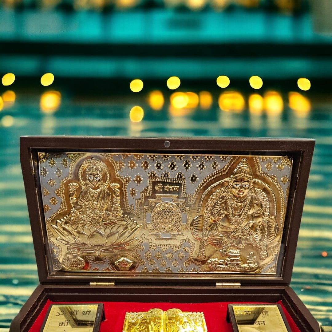 Gold Foil Maa Lakshmi and Lord Kuber ji Charan Paduka Gift/Puja Box(5 Inch)(Golden) - Tamas: Luxury Indian Gifts
