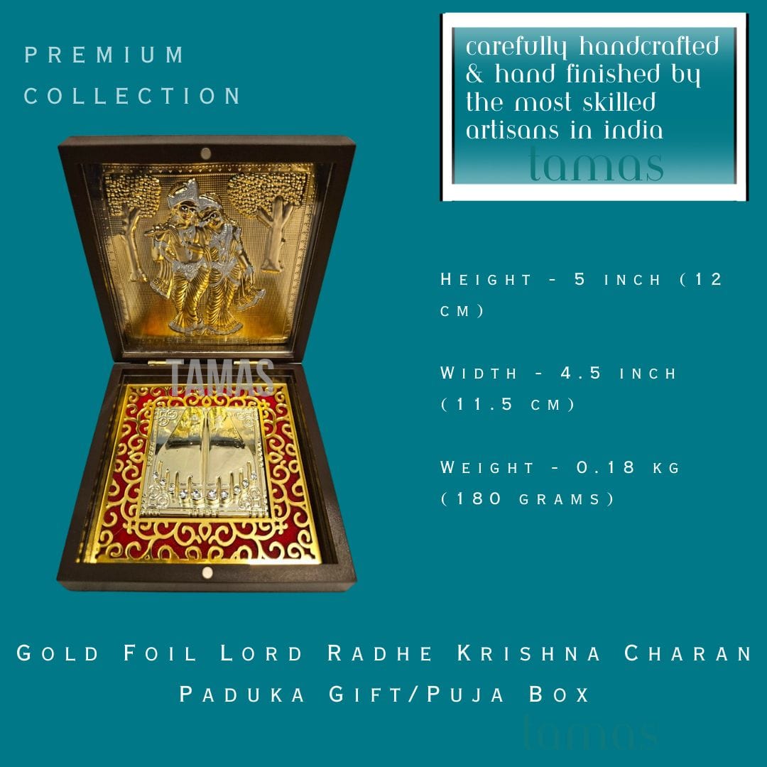 Gold Foil Lord Radhe Krishna Charan Paduka Gift/Puja Box(5 Inch)(Golden) - Tamas: Luxury Indian Gifts