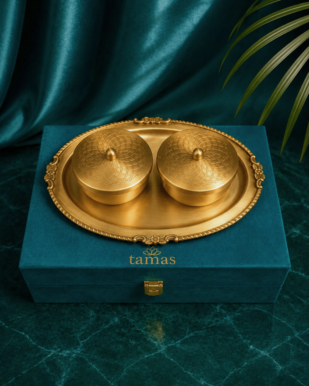 Tamas Small Brass Serving Tray and Bowls with Lid Set -3 Pcs Golden - Tamas Luxury Gifts