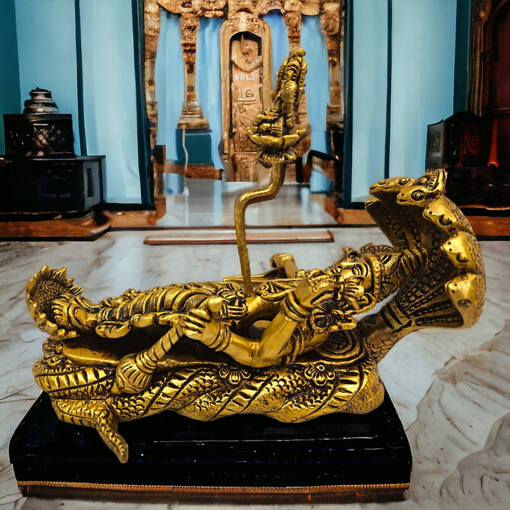 Brass Lord Vishnu Bhagwan Resting on Sheshnag Touching Shiva Lingam Brahma from Navel Statue/Idol (6 Inch) (Golden)