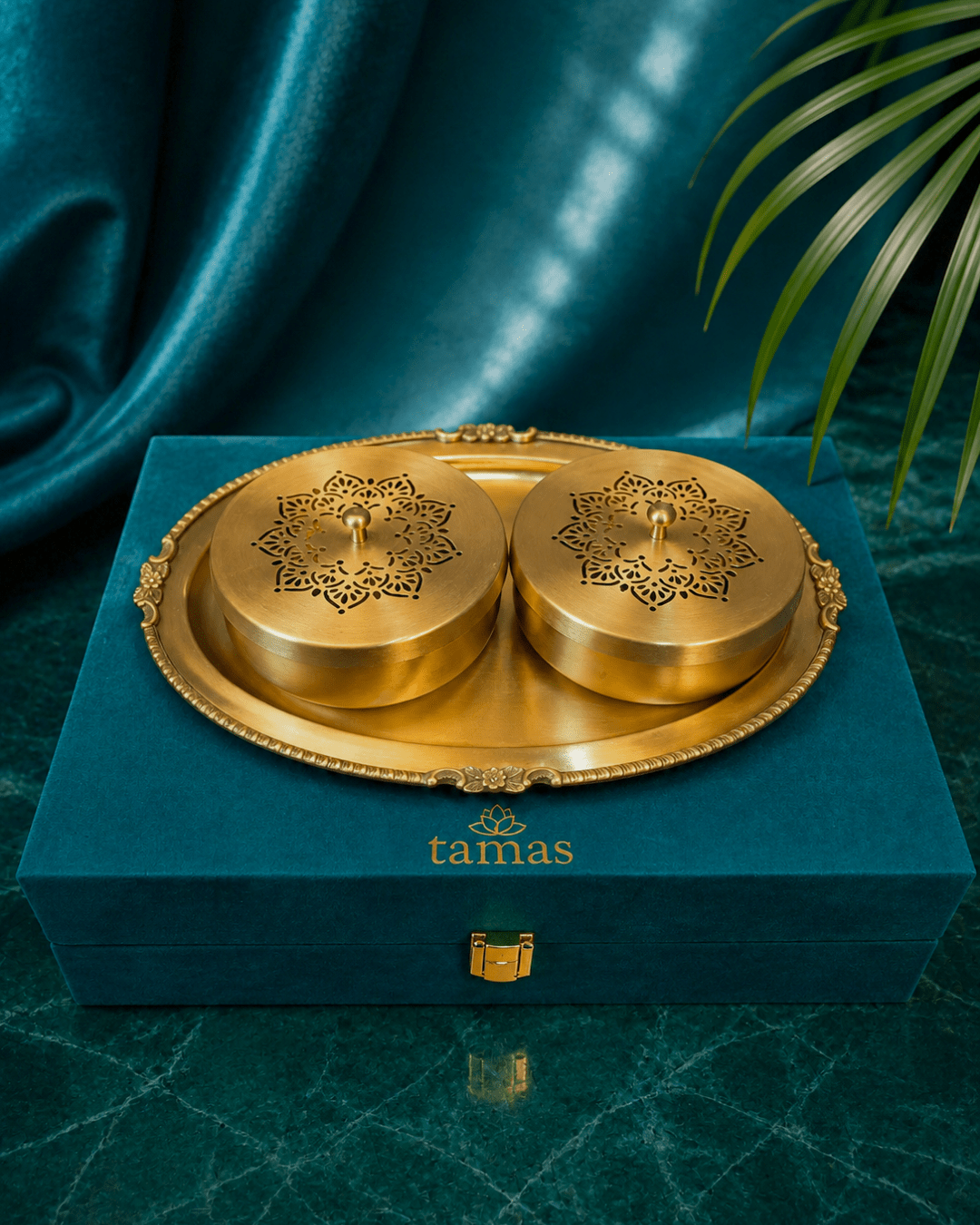 Tamas Brass Serving Tray and Bowls with Lid Set -3 Pcs Golden - Tamas Luxury Gifts