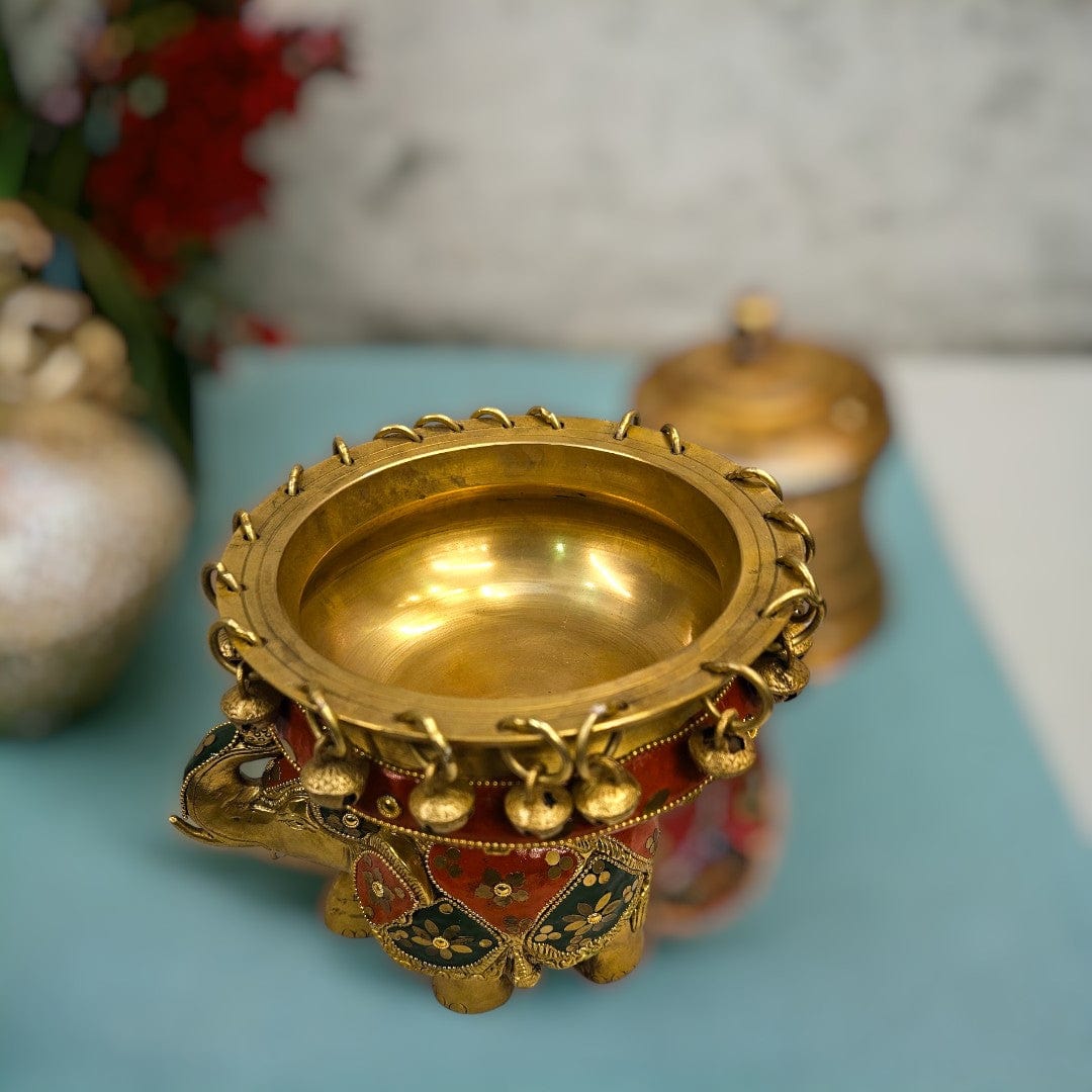 Brass Elephant Urli Stone Work (8 Inch) (Multicolor) - Tamas: Luxury Indian Gifts