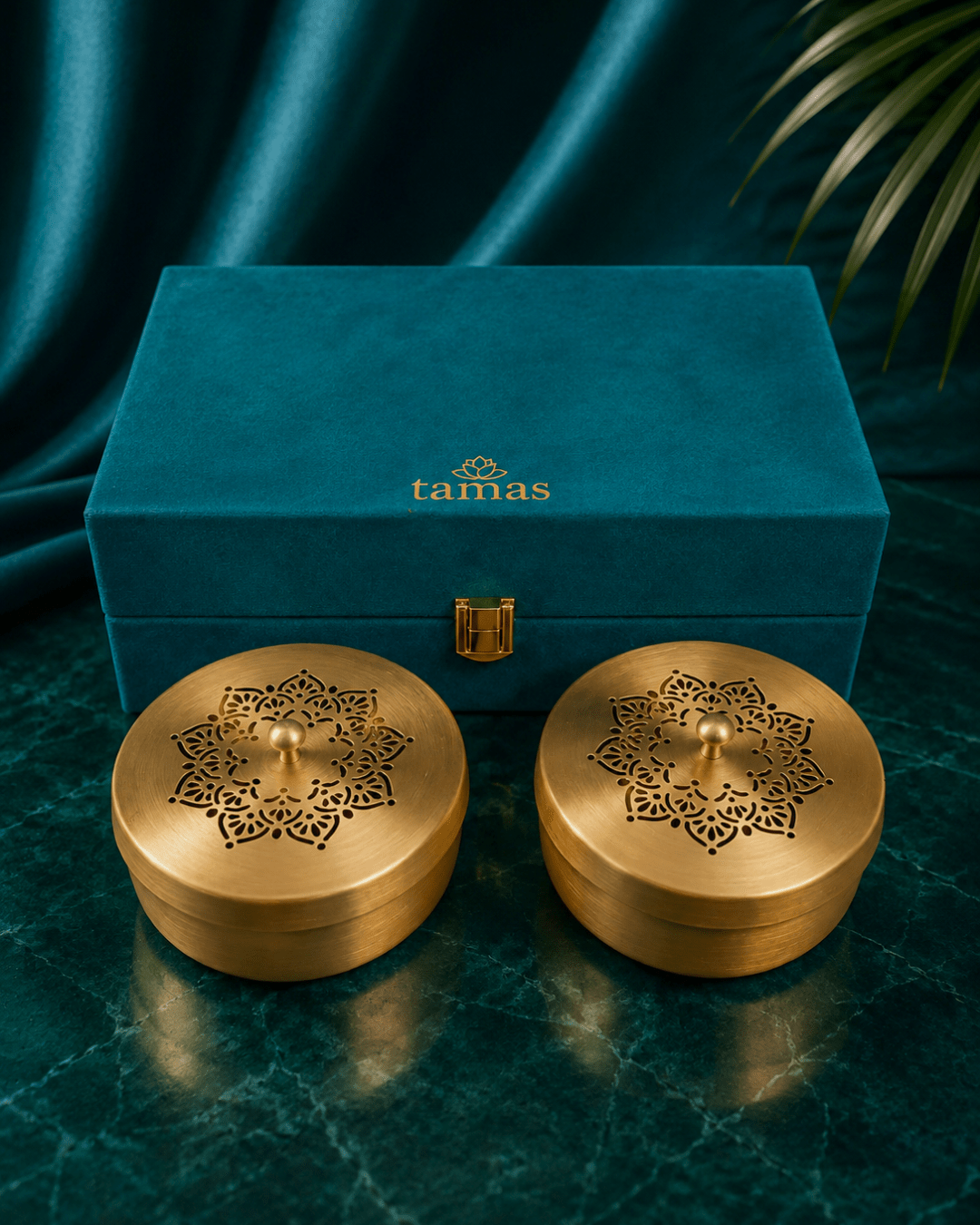 Handcrafted Brass Serving Bowl Set with Designer Lids in Teal Velvet Box – Luxury Traditional Kitchenware by Tamas - Tamas Luxury Gifts