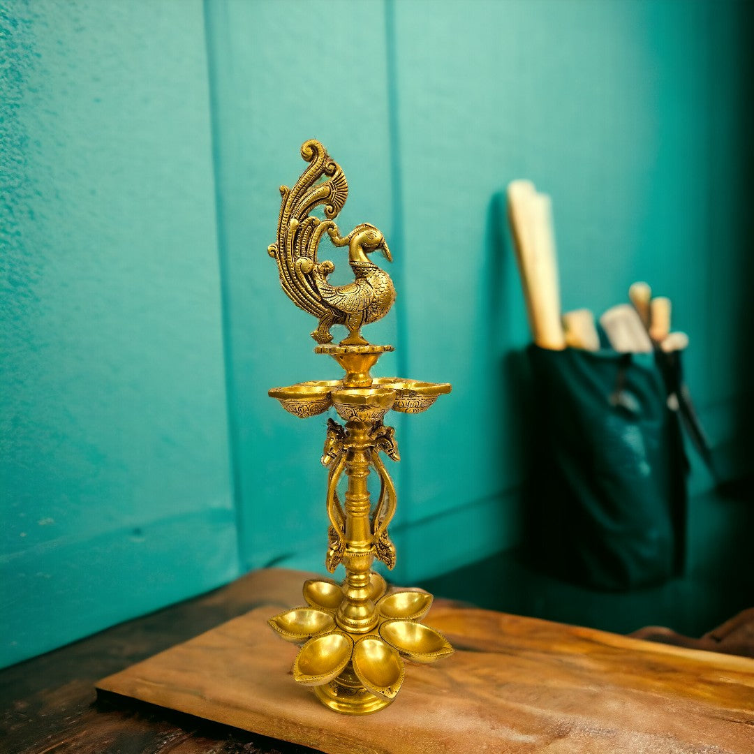 Tamas brass Peacock Auspicious Puja Lamp/Diya/Deepak/Deepam (20.5 Inch) (Golden)