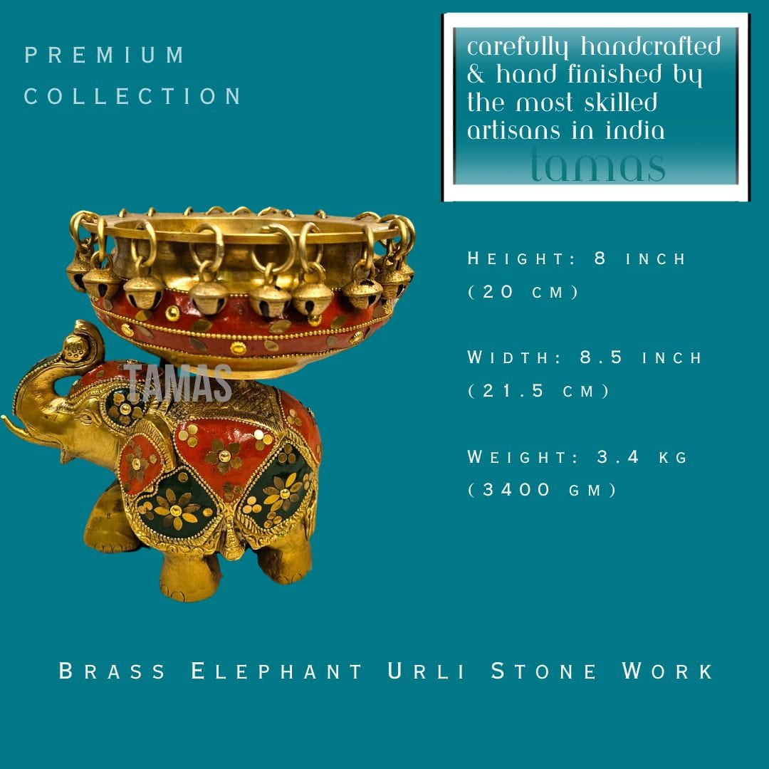Brass Elephant Urli Stone Work (8 Inch) (Multicolor) - Tamas: Luxury Indian Gifts