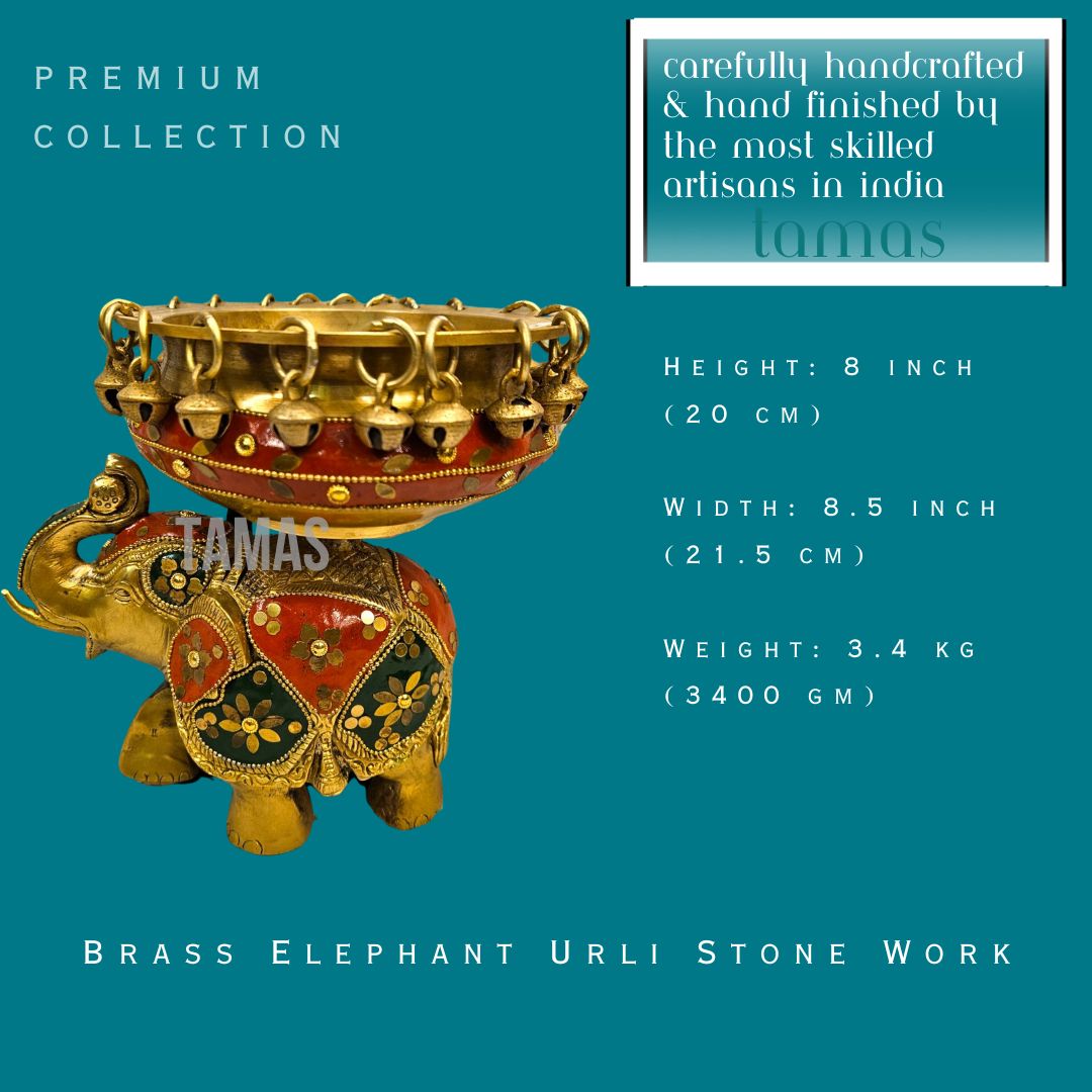 Brass Elephant Urli Stone Work (8 Inch) (Multicolor)