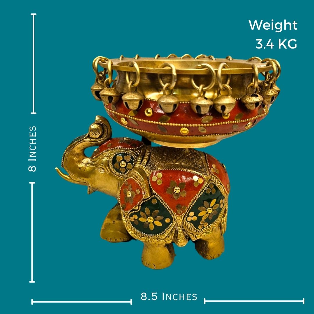 Brass Elephant Urli Stone Work (8 Inch) (Multicolor)