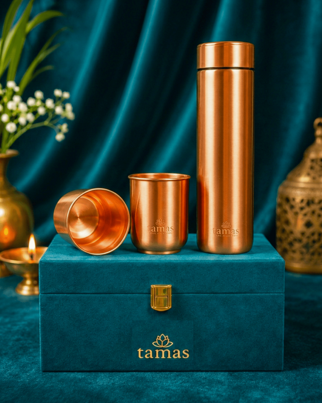 Premium Pure Copper Water Bottle & Glass Gift Set (3 Pc) – Health-Friendly & Elegant Packaging - Tamas Luxury Gifts