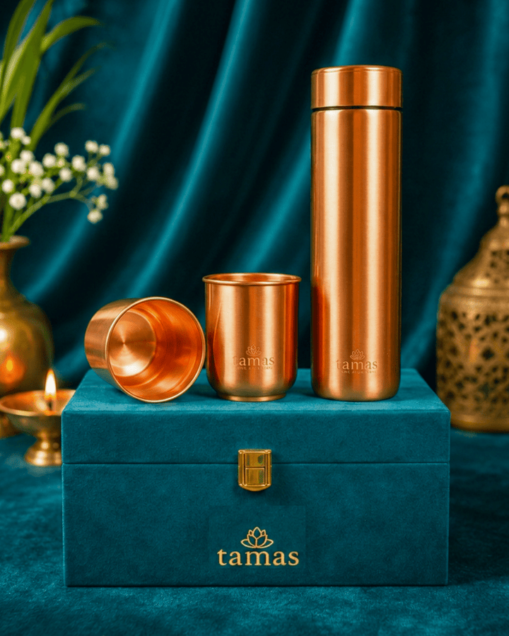 Premium Pure Copper Water Bottle & Glass Gift Set (3 Pc) – Health-Friendly & Elegant Packaging - Tamas Luxury Gifts