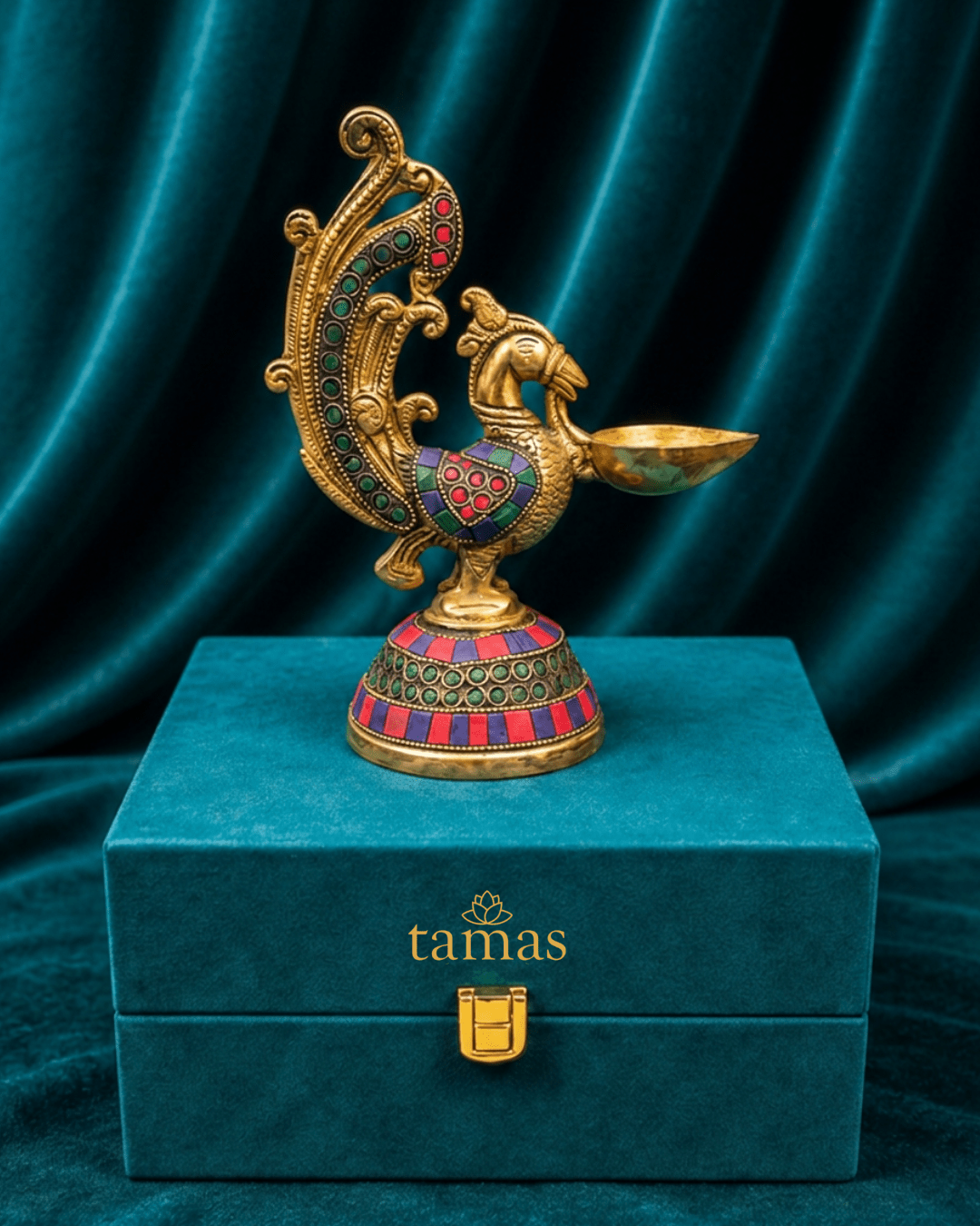 Tamas Brass Peacock Diya with Stone Work (8 inch) - Tamas Luxury Gifts