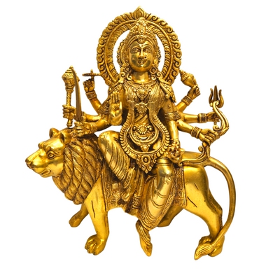 Brass Goddess Durga Maa with Lion Statue/Idol (Golden) (15 Inches)