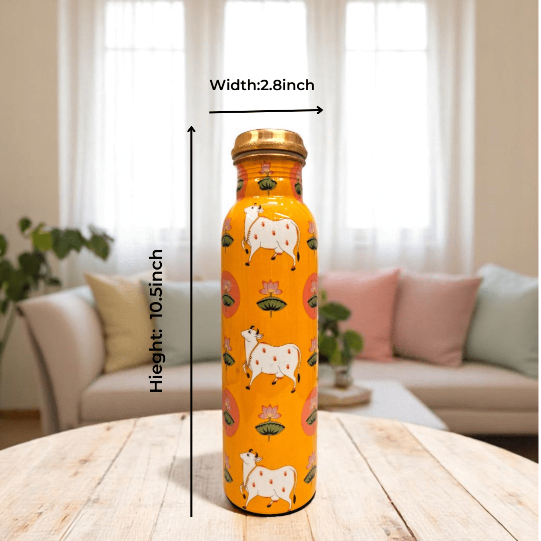 Tamas – Pichwai Harmony: Small Cow in Yellow (Copper water Bottle) – Handcrafted, Leak-Proof, 1000 ML (10.5 inch)
