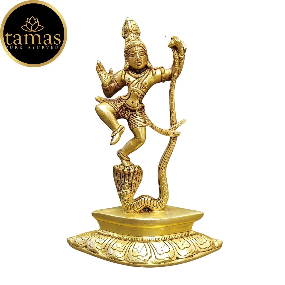 Tamas Brass Lord Krishna Dancing on The Hood of Kaliya Naag Statue/Idol (Golden) (9.5 Inches)