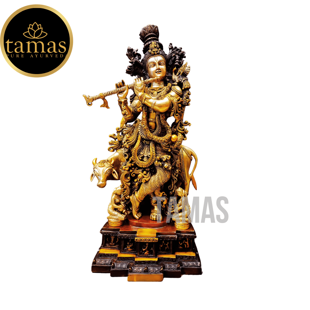 Brass Krishna Statue with cow