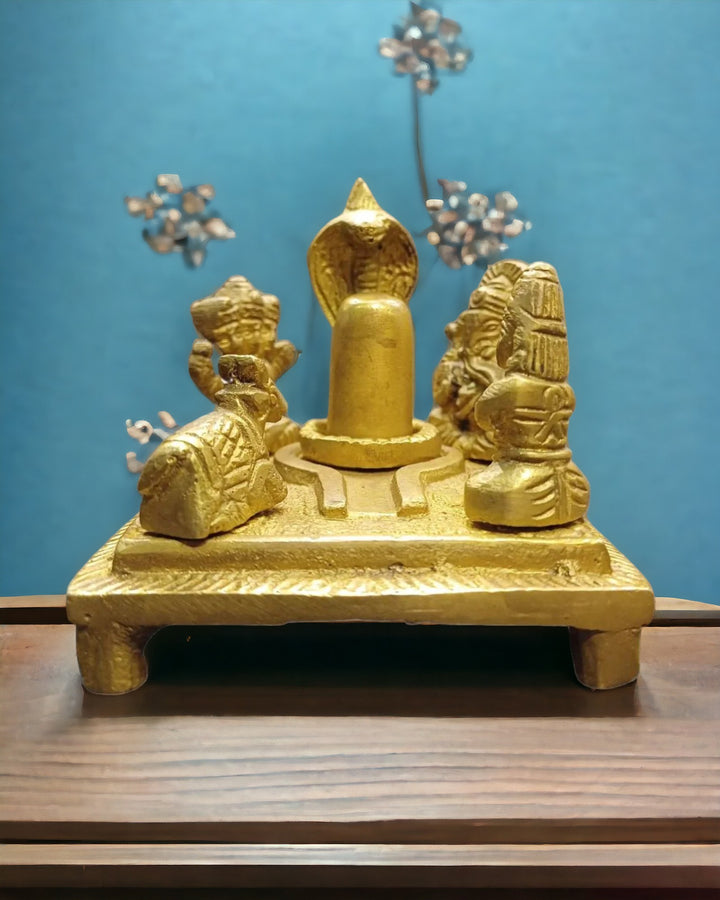 Tamas Brass Shiv Parivar with Shivling, Shri Kartikeya, Ganesh, Mata Parvati and Nandi Statue/Idol (Golden) (2.5 Inches)