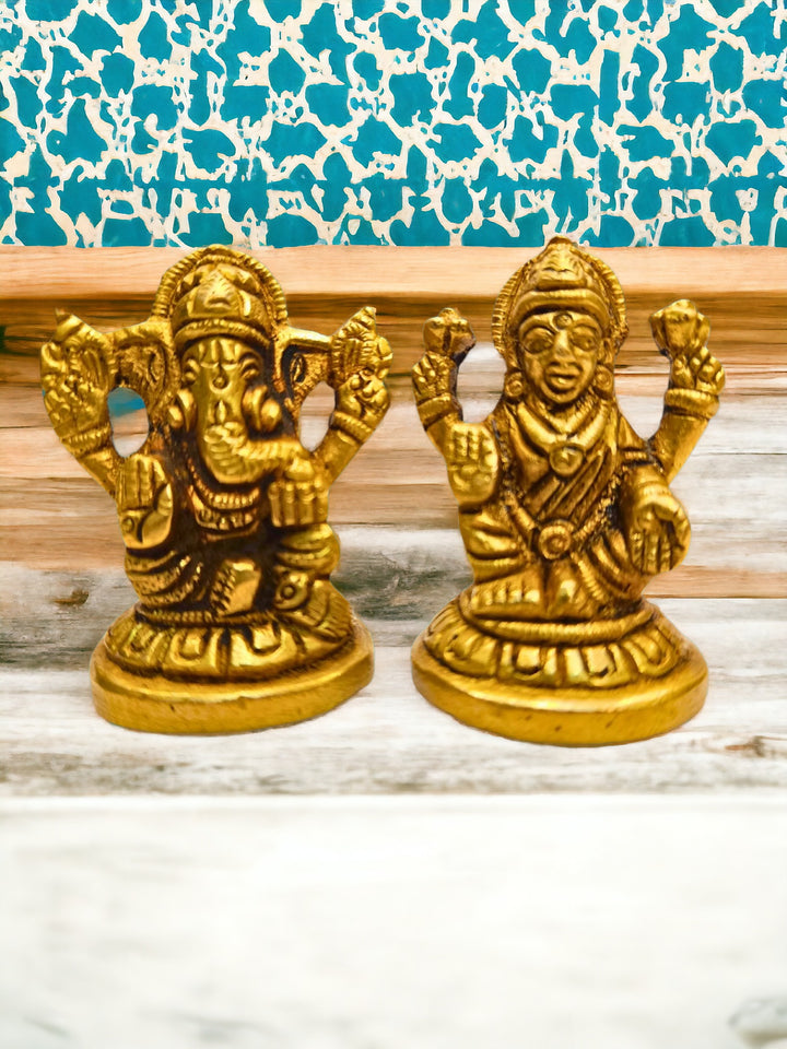 Tamas Brass Lakshmi Ganesh for Pooja Statue/Idol (Golden) (2 Inches)