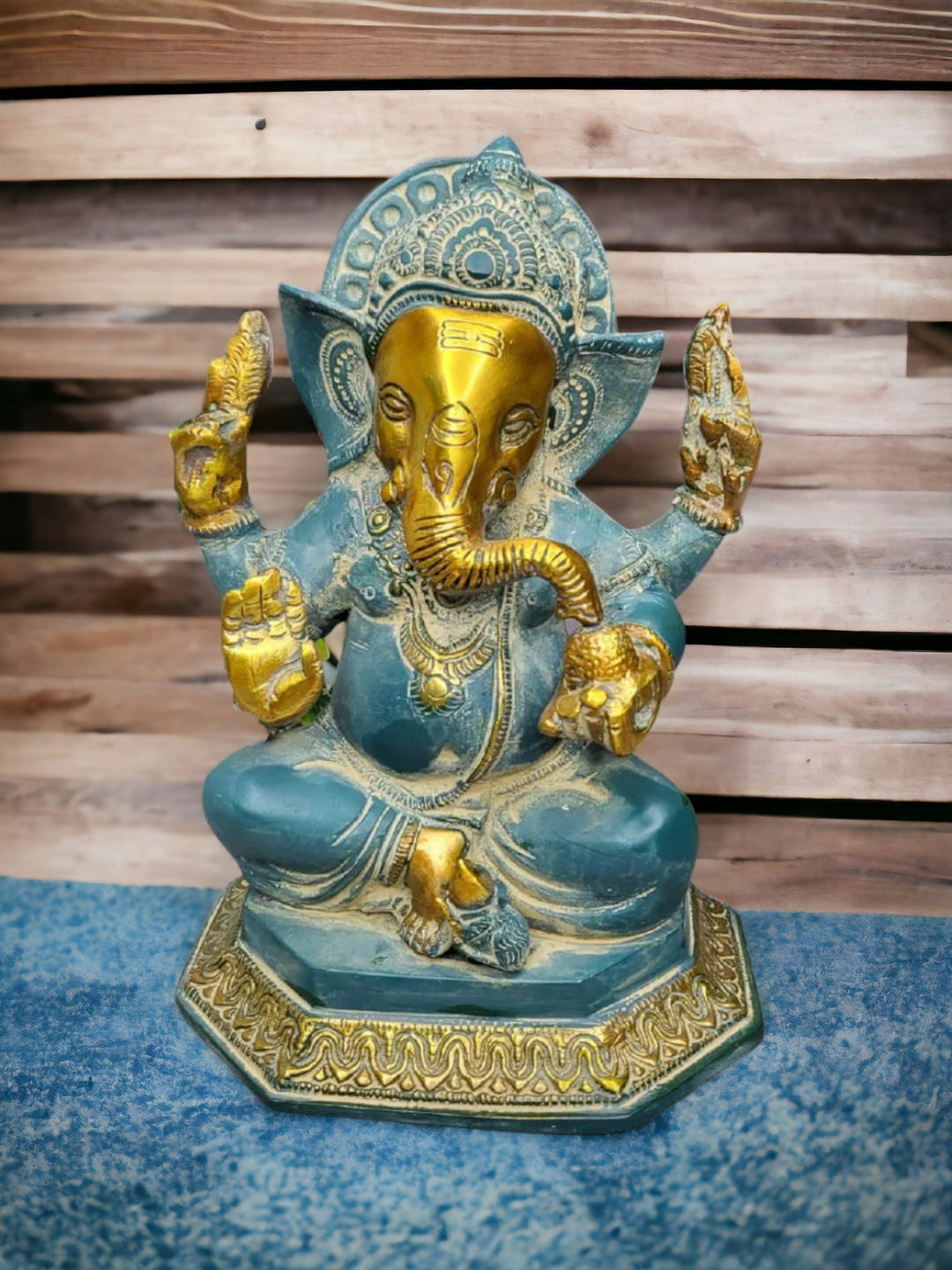 Tamas Brass Handcrafted Lord Mangalkari Ganesh Statue / Idol With Antique Finish (6 x 5 x 7.5 Inches, Golden & Blue) (Pack of 1)