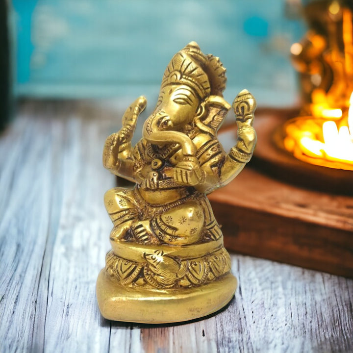 Tamas Brass Handmade Ganesh Statue for Good Luck, Success and Prosperity (Golden) Height 4 inches | Free Luxury  Gift Box
