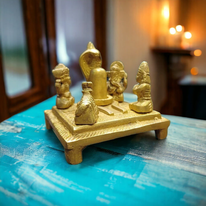 Tamas Brass Shiv Parivar with Shivling, Shri Kartikeya, Ganesh, Mata Parvati and Nandi Statue/Idol (Golden) (2.5 Inches)