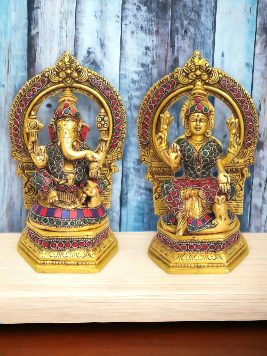 Tamas Brass Lord Ganesh & Goddess Laxmi Sitting Posturel and Decorated with Multicolored Stone (Multicolor)