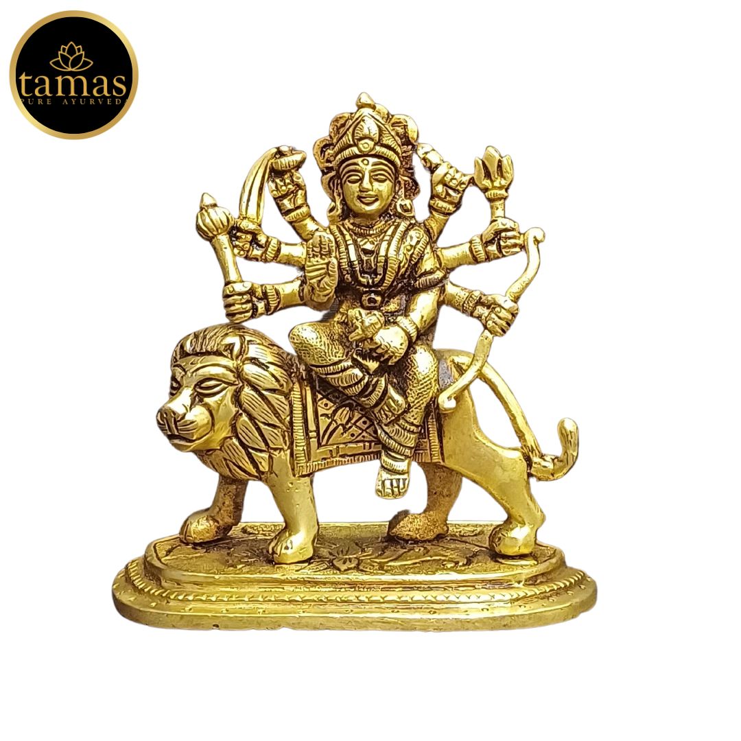 Tamas Brass Durga Mata with Lion Statue/Idol (Golden) (4.5 Inches)