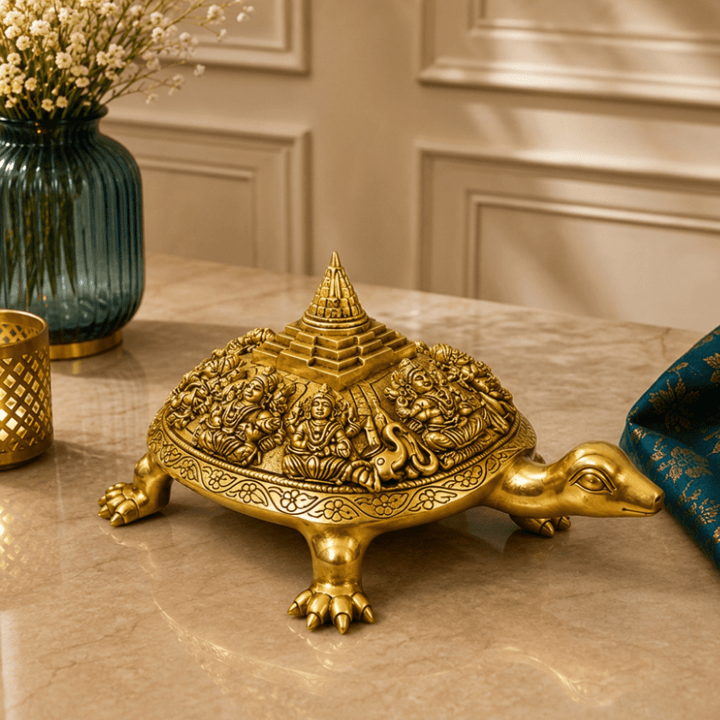 Brass Handcrafted Lord Ashtalakshmi/Ashta Lakshmi on Tortoise Meru Shree Yantra Statue / Idol with Antique Finish (9 x 13.6 x 6 Inches, 6.1kg, Golden) (Pack of 1) - Tamas Luxury Gifts