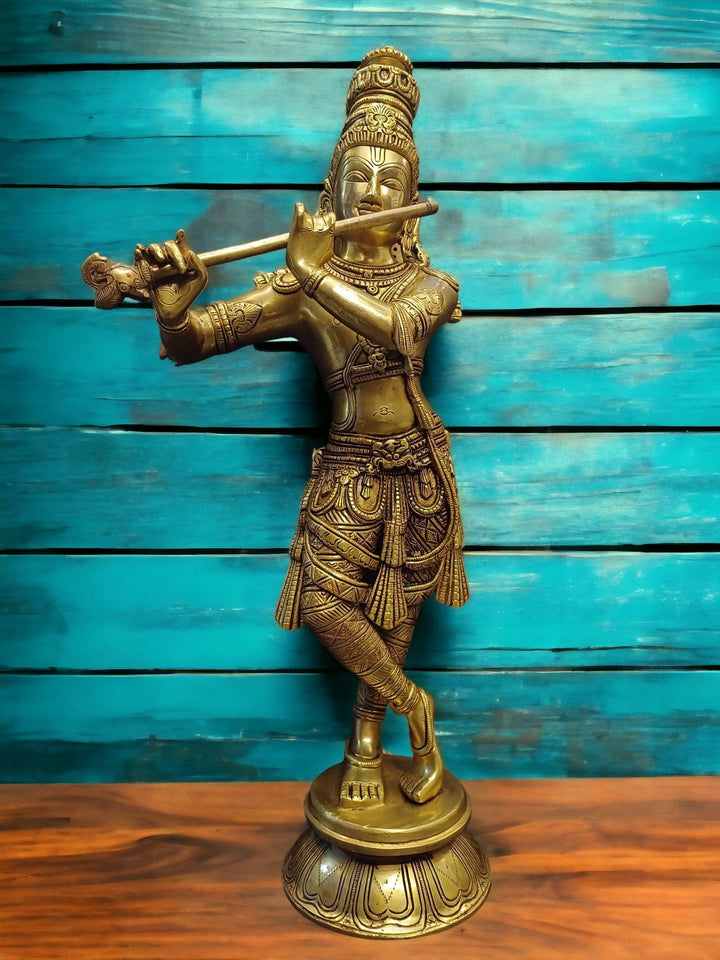 Tamas Brass Lord Krishna Kishan Gopal Murti Statue/Idol (Golden) (24 Inches) - Tamas: Luxury Indian Gifts