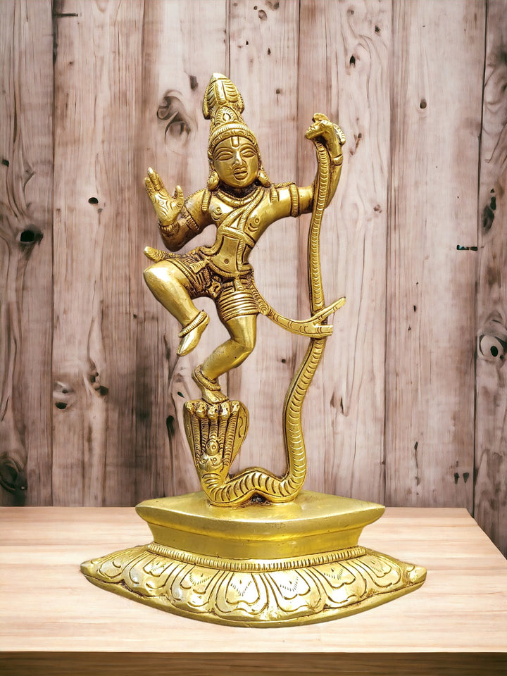 Tamas Brass Lord Krishna Dancing on The Hood of Kaliya Naag Statue/Idol (Golden) (9.5 Inches)