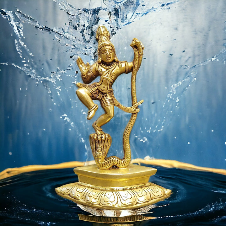 Tamas Brass Lord Krishna Dancing on The Hood of Kaliya Naag Statue/Idol (Golden) (9.5 Inches)