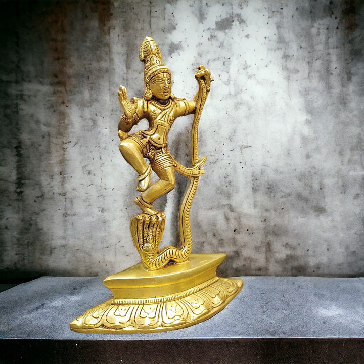Tamas Brass Lord Krishna Dancing on The Hood of Kaliya Naag Statue/Idol (Golden) (9.5 Inches)
